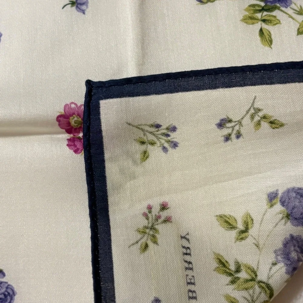 BURBERRY Scarf Handkerchief Floral Cotton Cream Purple 19.5in